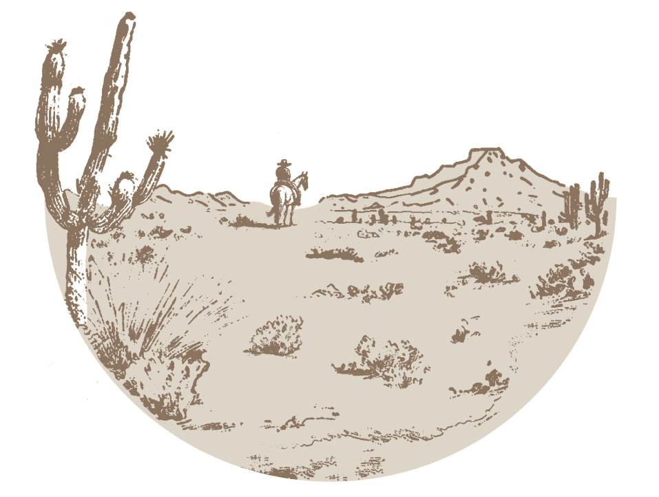 desert scene with a cactus, sagebrush; in the distance are a person on a horse and a rocky butte
